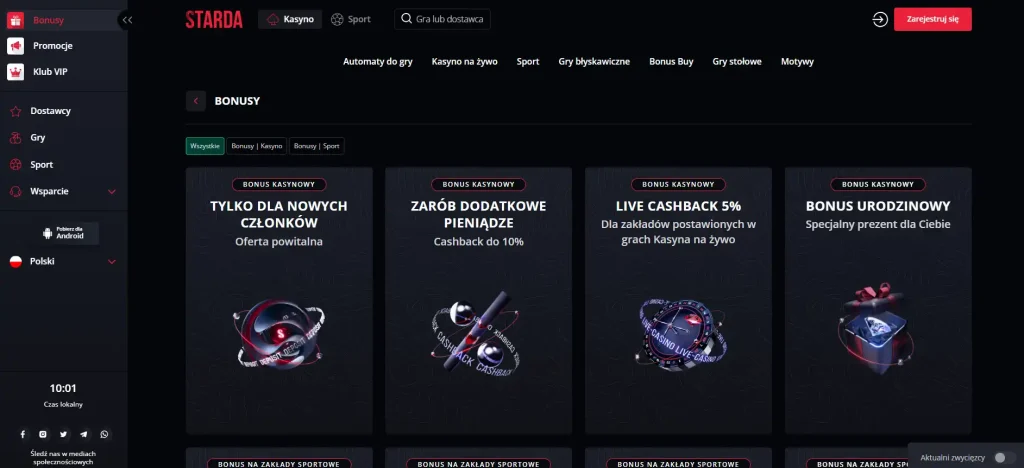 Aktualna sekcja pakietu powitalnego Starda Casino w polskiej wersji serwisu