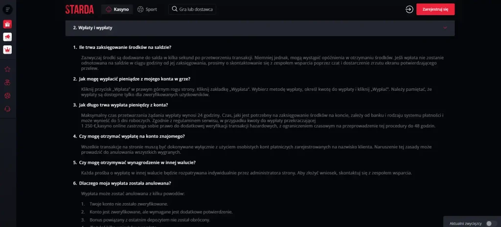 Sekcja pytań i odpowiedzi Starda z informacją o czasie przetwarzania wypłaty
